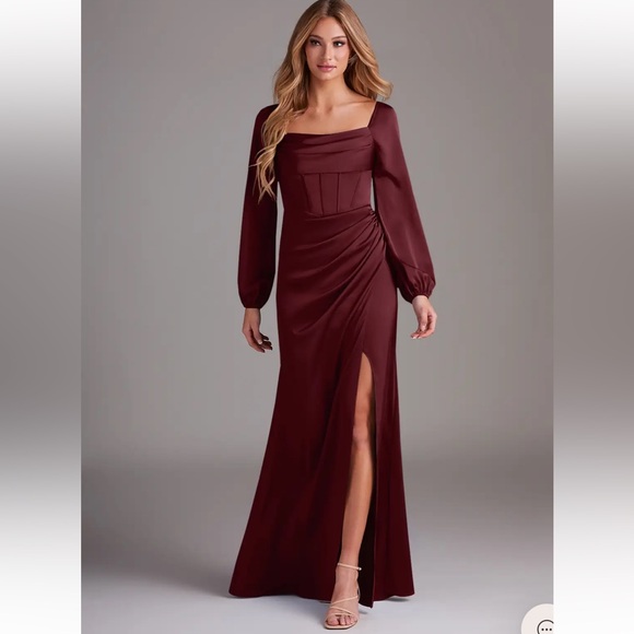 Azazie Dresses & Skirts - Azazie Long Sleeve Burgundy Satin Evening Gown